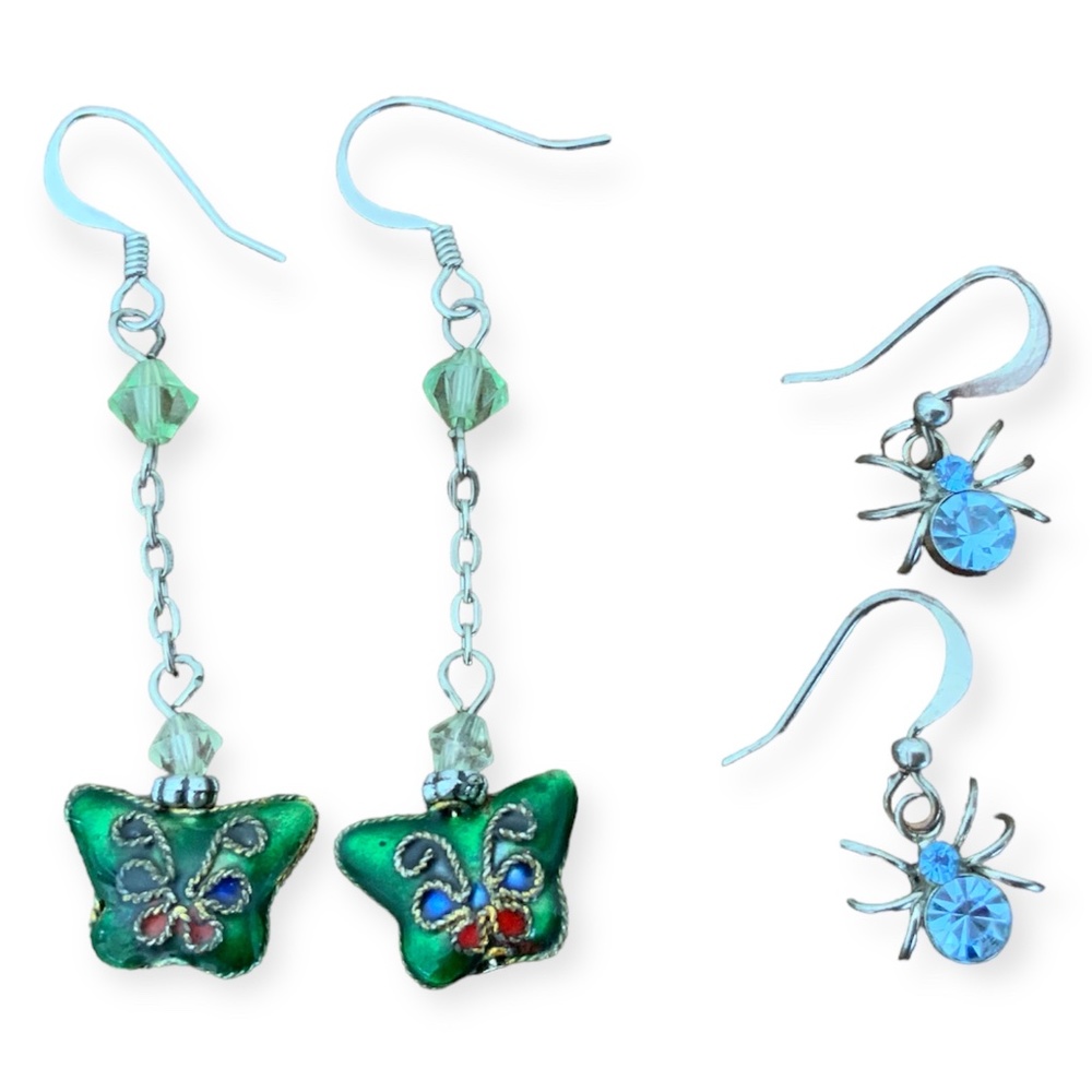 Two Pairs Of Earrings Green Butterfly And Blue Spider